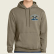 A person wearing a muted olive-brown pullover hoodie with a drawstring hood and kangaroo pocket, featuring a small embroidered United States Army Special Forces crest on the left chest, against a plain light beige background.