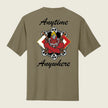Military logo printed on back of a tan shirt with the words 