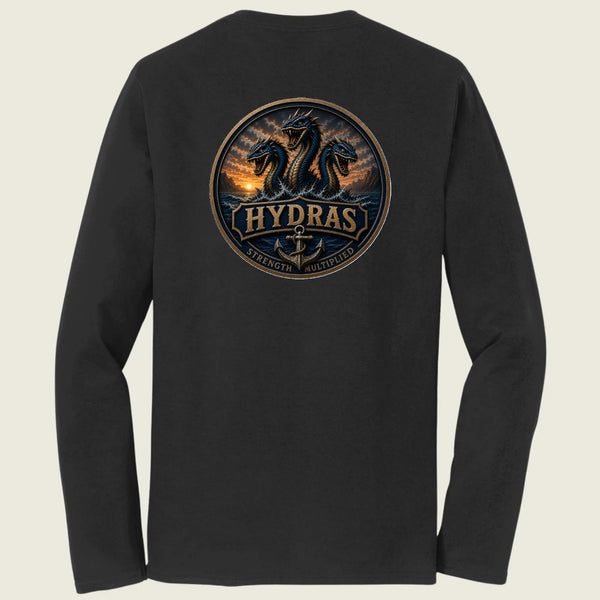 A black long-sleeve t-shirt shown from the back, featuring a large circular graphic print on the upper back with three dragons and the word 'HYDRAS'.