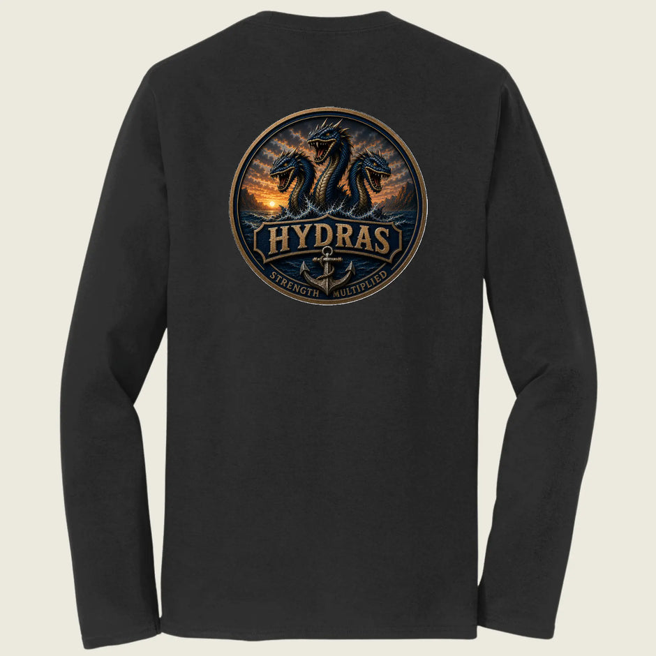 A black long-sleeve t-shirt shown from the back, featuring a large circular graphic print on the upper back with three dragons and the word 'HYDRAS'.