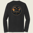A black long-sleeve t-shirt shown from the back, featuring a large circular graphic print on the upper back with three dragons and the word 'HYDRAS'.