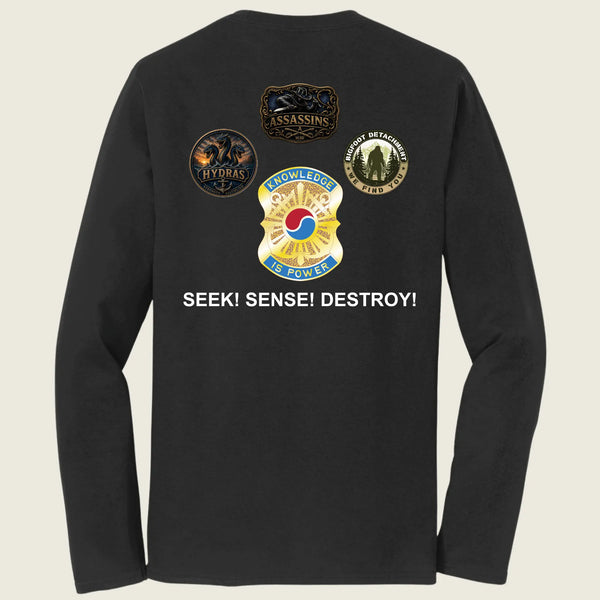 Black long-sleeve t-shirt showing the back with a graphic of four military-style insignias and the text 'SEEK! SENSE! DESTROY!' in white.