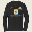 Black long-sleeve t-shirt showing the back with a graphic of four military-style insignias and the text 'SEEK! SENSE! DESTROY!' in white.