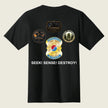 A black short-sleeve t-shirt shown from the back, featuring four military-style insignia patches and the text 'SEEK! SENSE! DESTROY!' printed in white on a light beige background.