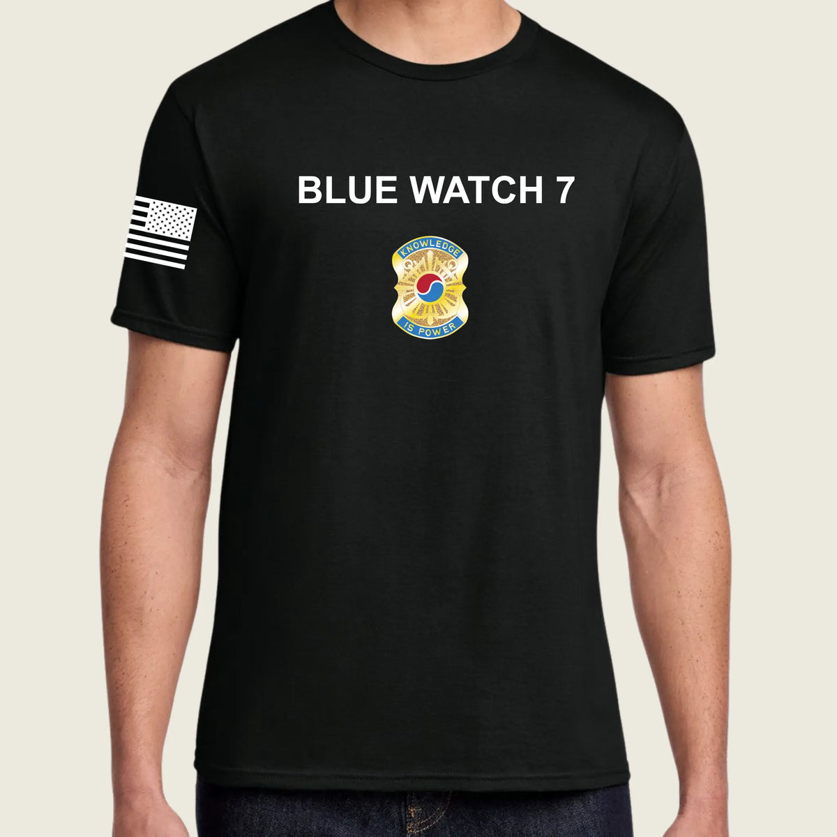 Black shirt with words 'Blue Watch 7' and an army emblem printed below