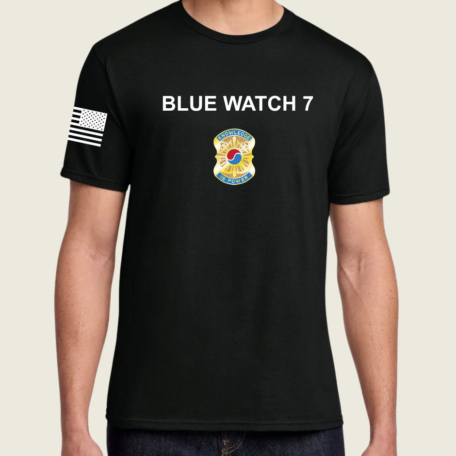 Black shirt with words 'Blue Watch 7' and an army emblem printed below