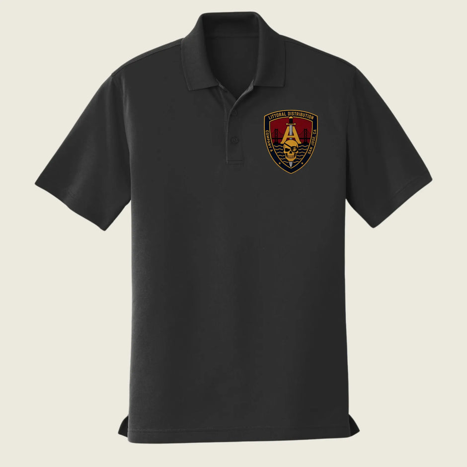 A black short-sleeve polo shirt with a small printed company logo displayed on a light beige background.