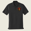 A black short-sleeve polo shirt with a small printed company logo displayed on a light beige background.