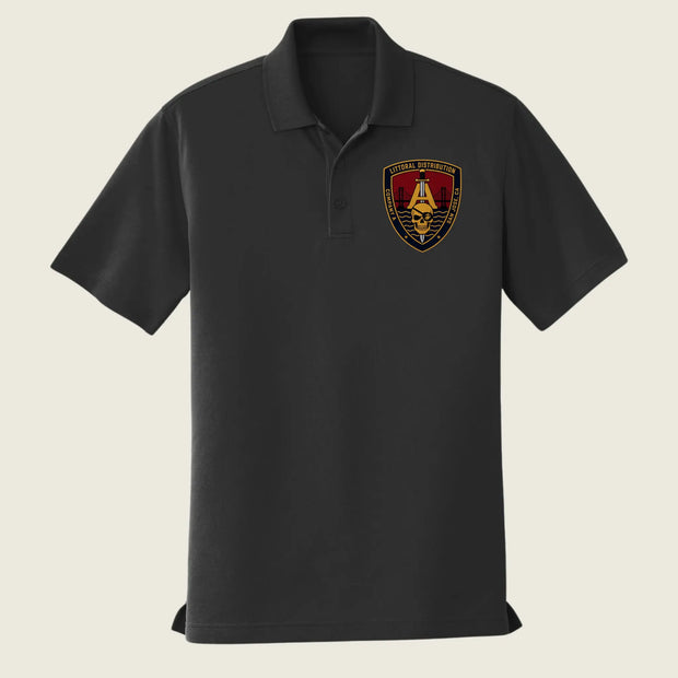 A black short-sleeve polo shirt with a small printed company logo displayed on a light beige background.