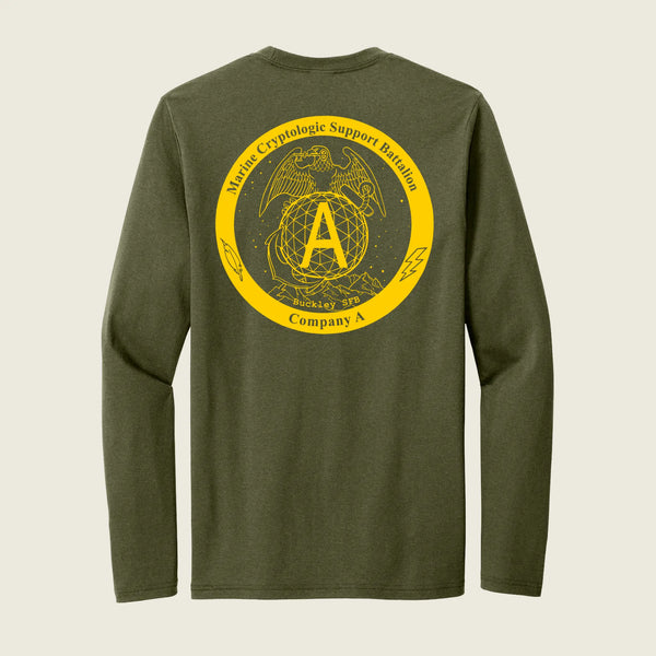 An olive green long-sleeve t-shirt shown from the back, featuring a large yellow circular graphic with the USMC Eagle, Globe, and Anchor emblem, a large letter 'A', and the text 'Marine Cryptologic Support Battalion' and 'Company A'.