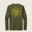 An olive green long-sleeve t-shirt shown from the back, featuring a large yellow graphic print of an astronaut inside a geometric triangle emblem with the text 'Marine Cryptologic Support Battalion Company A'.
