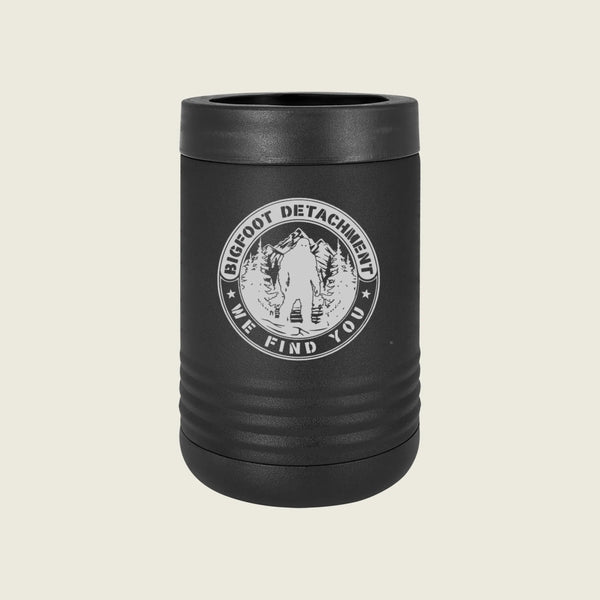 Black koozie with 'Bigfoot Detachment' logo on a beige background
