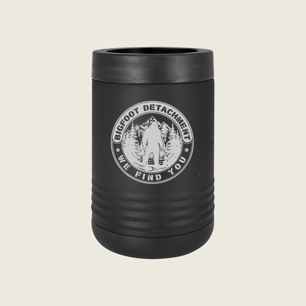 Black koozie with 'Bigfoot Detachment' logo on a beige background