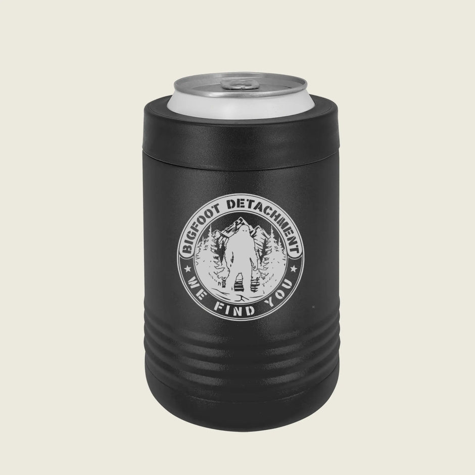 black koozie with bigfoot logo on a beige background