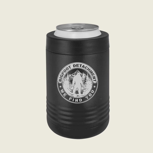 black koozie with bigfoot logo on a beige background