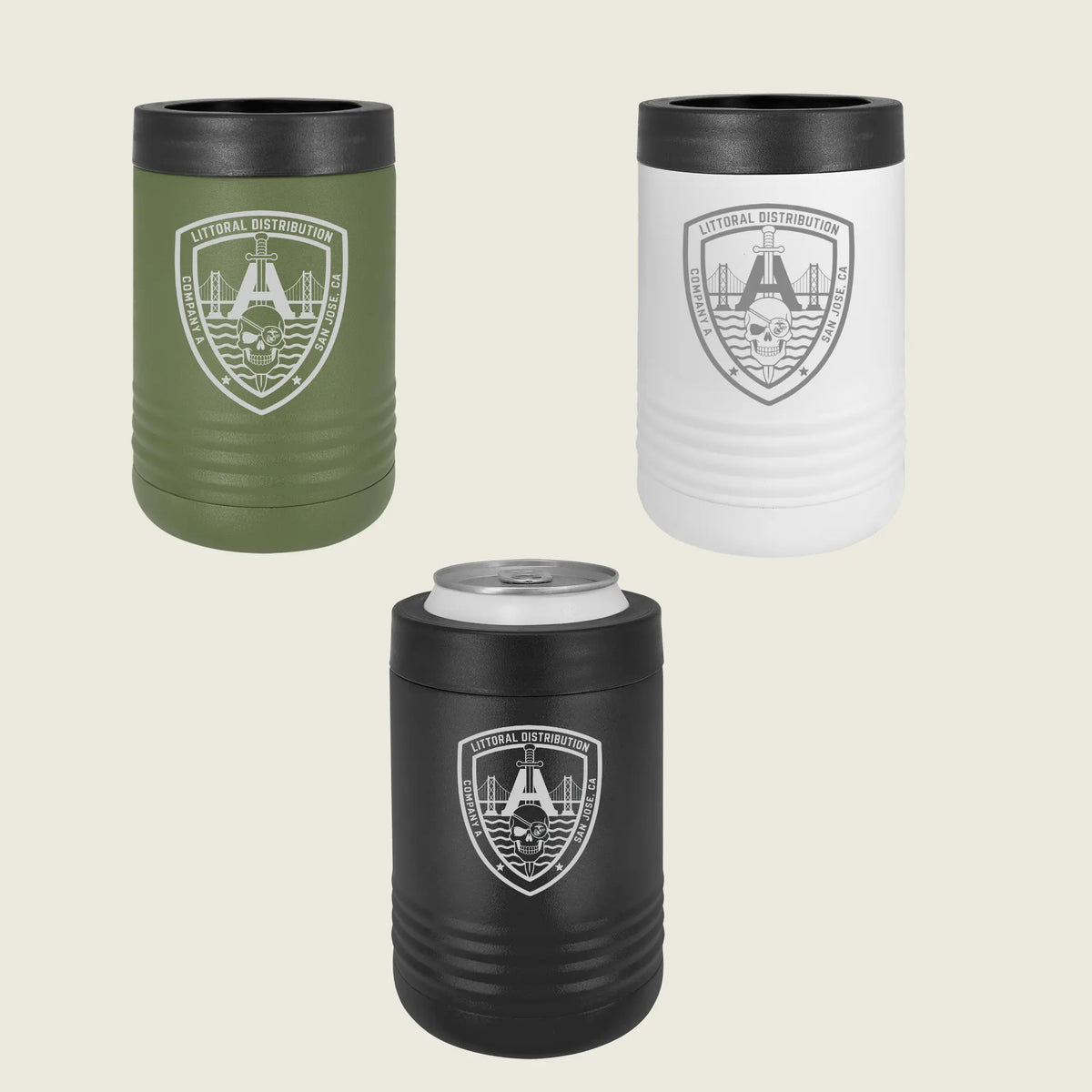 Three insulated can coolers shown on a light beige background: one olive green, one white, and one black. Each cooler has a silver logo printed on the front reading 'National Guard' with a shield emblem.