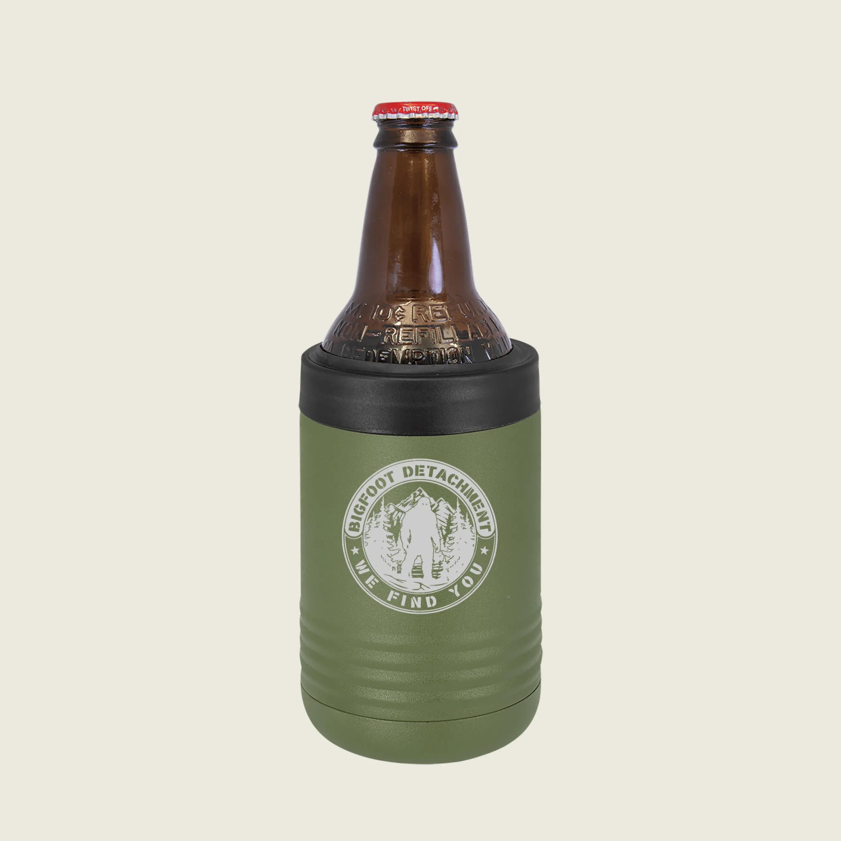 Green bottle cooler with a beer bottle on a beige background