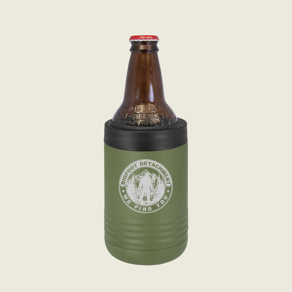 Green bottle cooler with a beer bottle on a beige background