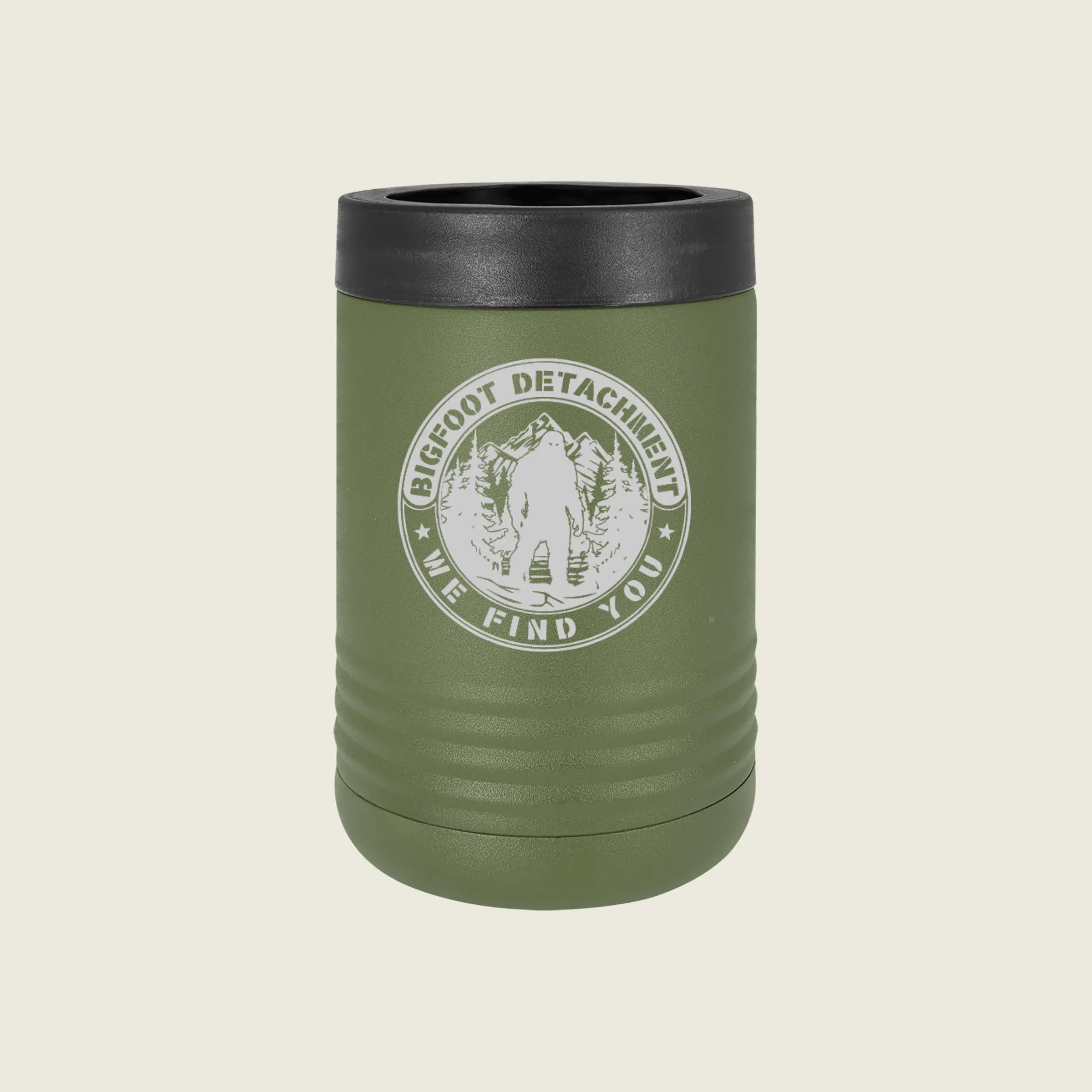 Green koozie with bigfoot logo on a beige background