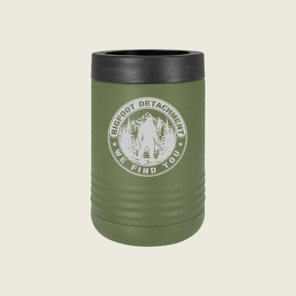 Green koozie with bigfoot logo on a beige background
