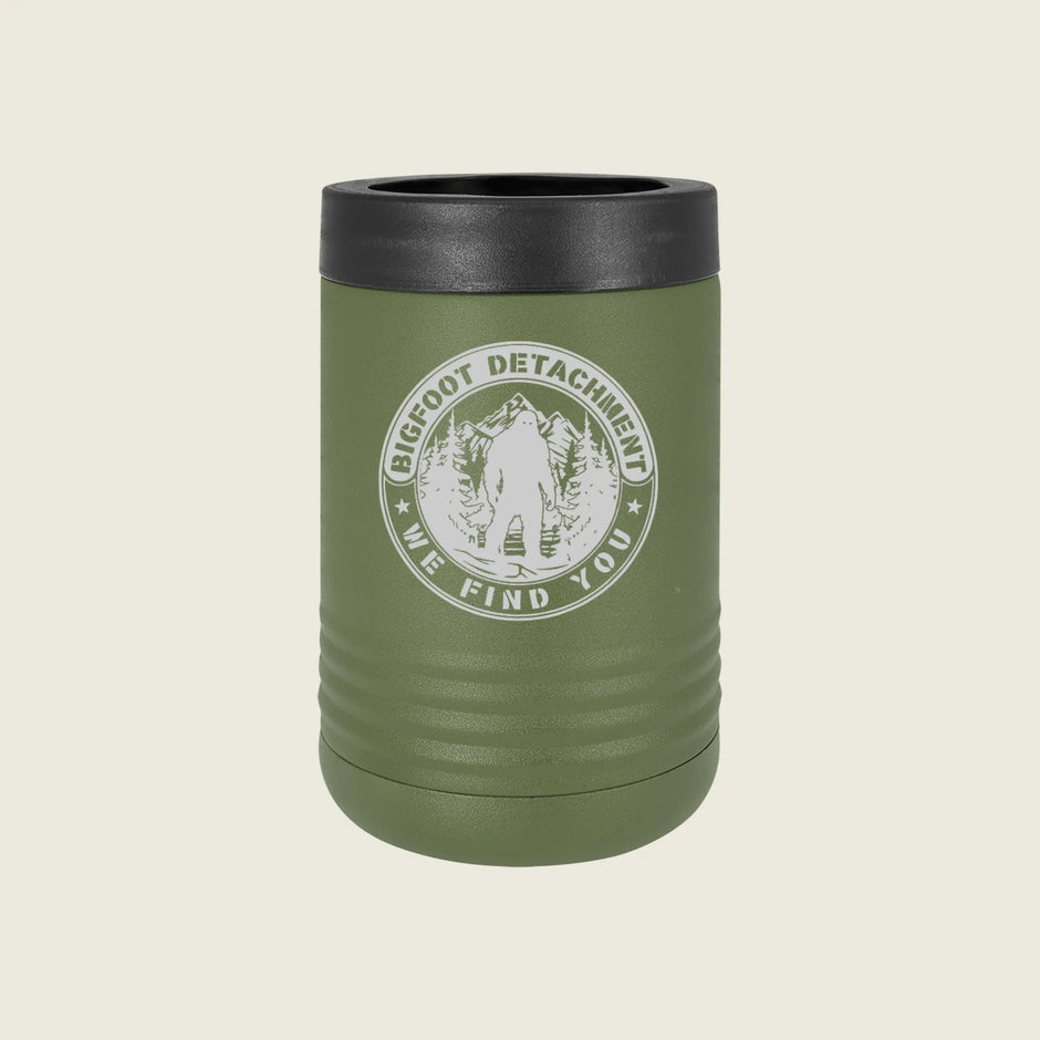 Green koozie with bigfoot logo on a beige background