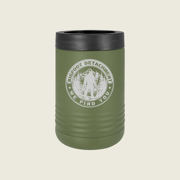 Green koozie with bigfoot logo on a beige background