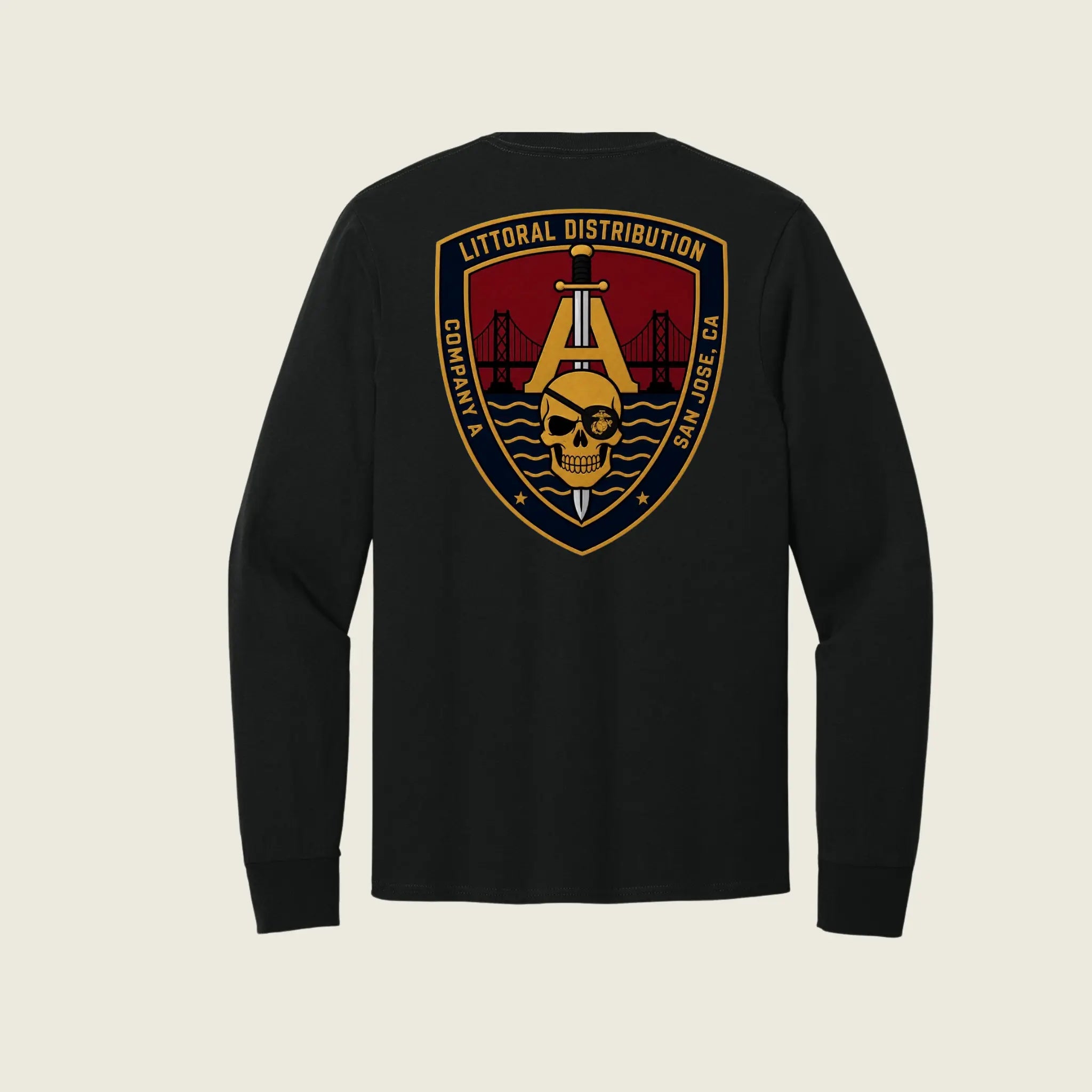Black long sleeve shirt with company logo printed on back