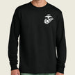 black long sleeve shirt with marine logo printed on front left pocket