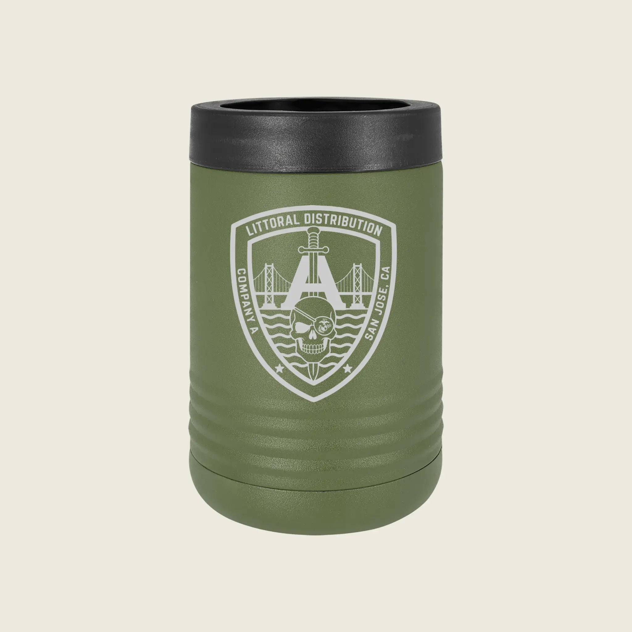 An olive green insulated can cooler with a black lid, featuring a white shield logo for Litoral Distribution San Diego on the front, set against a light beige background.