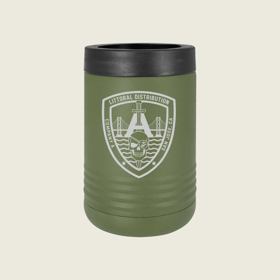 An olive green insulated can cooler with a black lid, featuring a white shield logo for Litoral Distribution San Diego on the front, set against a light beige background.