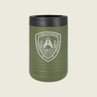 An olive green insulated can cooler with a black lid, featuring a white shield logo for Litoral Distribution San Diego on the front, set against a light beige background.