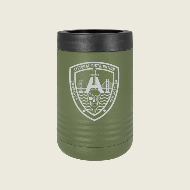 An olive green insulated can cooler with a black lid, featuring a white shield logo for Litoral Distribution San Diego on the front, set against a light beige background.