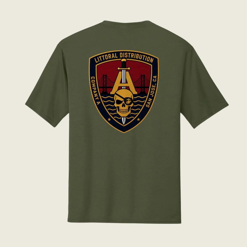 An olive green short-sleeve t-shirt shown from the back, featuring a large military-style crest graphic on the center back with a gold anchor, skull, bridge, and text reading 'LITTORAL DISTRIBUTION' and 'COMPANY A SAN JOSE CA'.