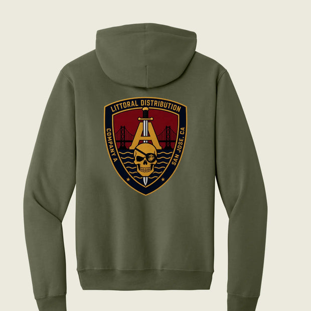 An olive green hoodie shown from the back, featuring a large military-style crest graphic on the back. The graphic includes a gold and black skull with a sword, the text 'LITTORAL DISTRIBUTION' and 'COMPANY A, and 'SAN DIEGO, CA'.