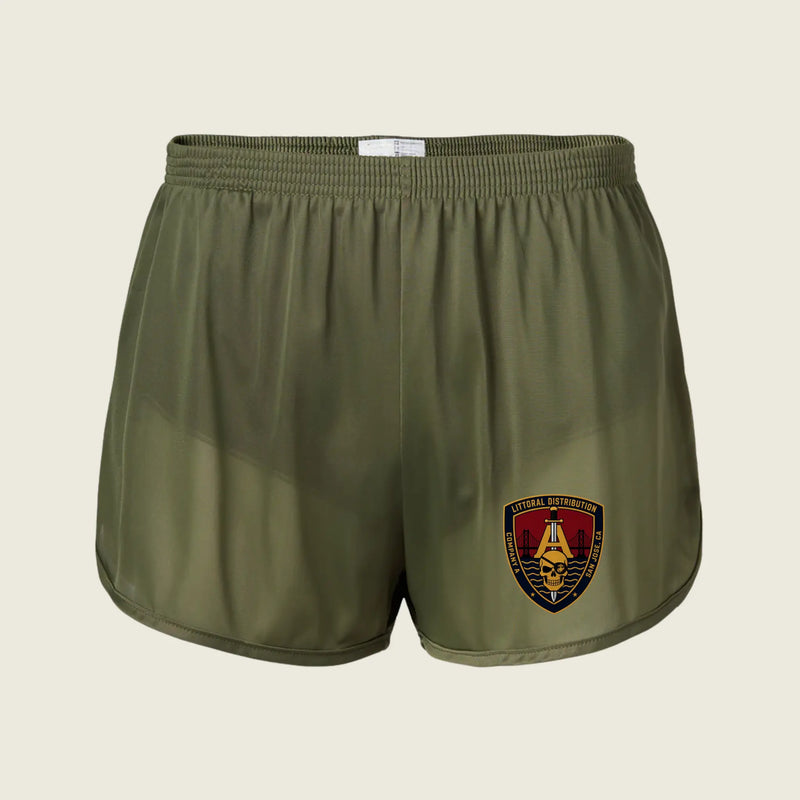 OD Green shorts with company logo on front left