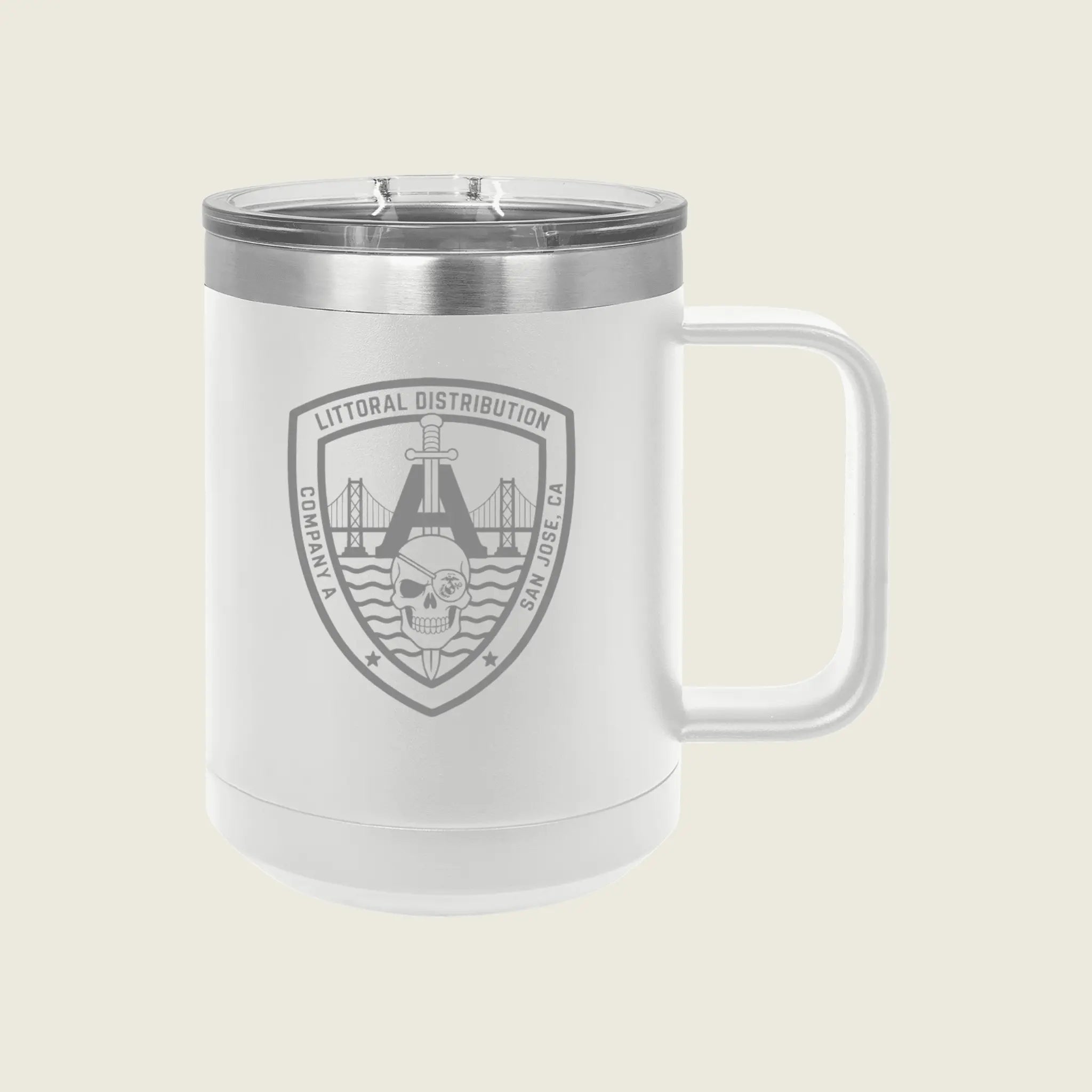 A white insulated travel mug with a stainless steel lid and a clear handle, featuring a gray 'LITTORAL DISTRIBUTION' shield emblem on the front, set against a solid light beige background.