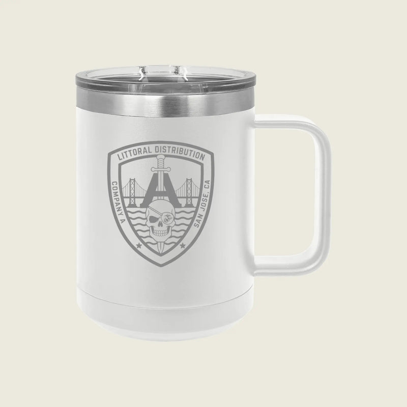 A white insulated travel mug with a stainless steel lid and a clear handle, featuring a gray 'LITTORAL DISTRIBUTION' shield emblem on the front, set against a solid light beige background.