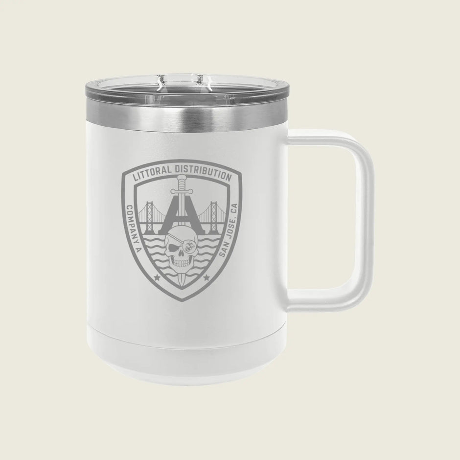 A white insulated travel mug with a stainless steel lid and a clear handle, featuring a gray 'LITTORAL DISTRIBUTION' shield emblem on the front, set against a solid light beige background.