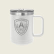 A white insulated travel mug with a stainless steel lid and a clear handle, featuring a gray 'LITTORAL DISTRIBUTION' shield emblem on the front, set against a solid light beige background.