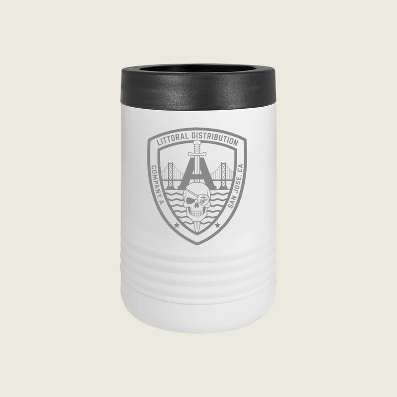 A white insulated tumbler with a black lid,  company logo on the front, set against a solid light beige background.