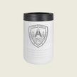 A white insulated tumbler with a black lid,  company logo on the front, set against a solid light beige background.