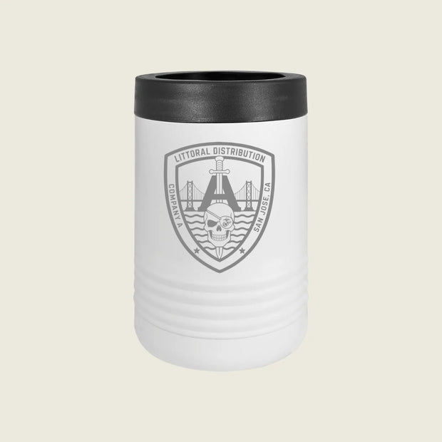 A white insulated tumbler with a black lid,  company logo on the front, set against a solid light beige background.