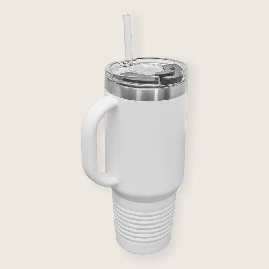 white travel mug display