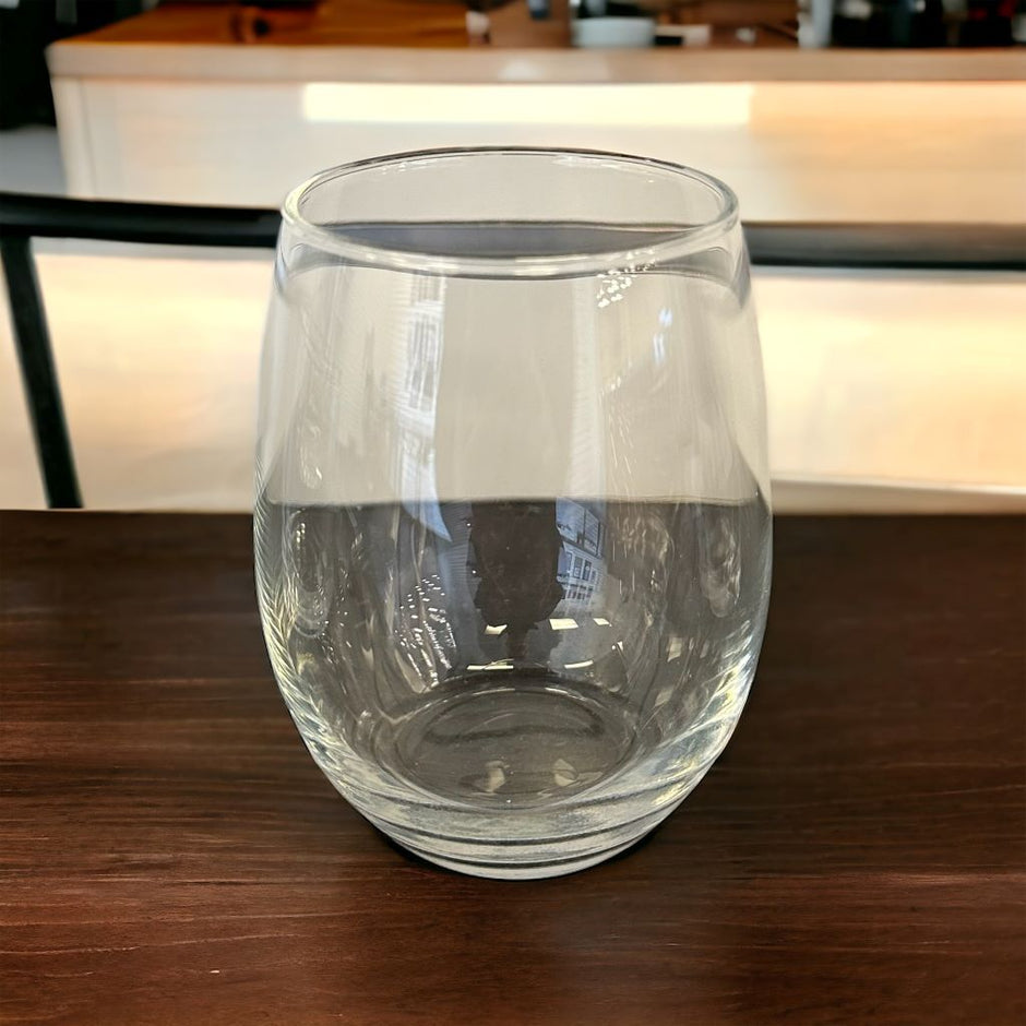 stemless wine glass on tabletop